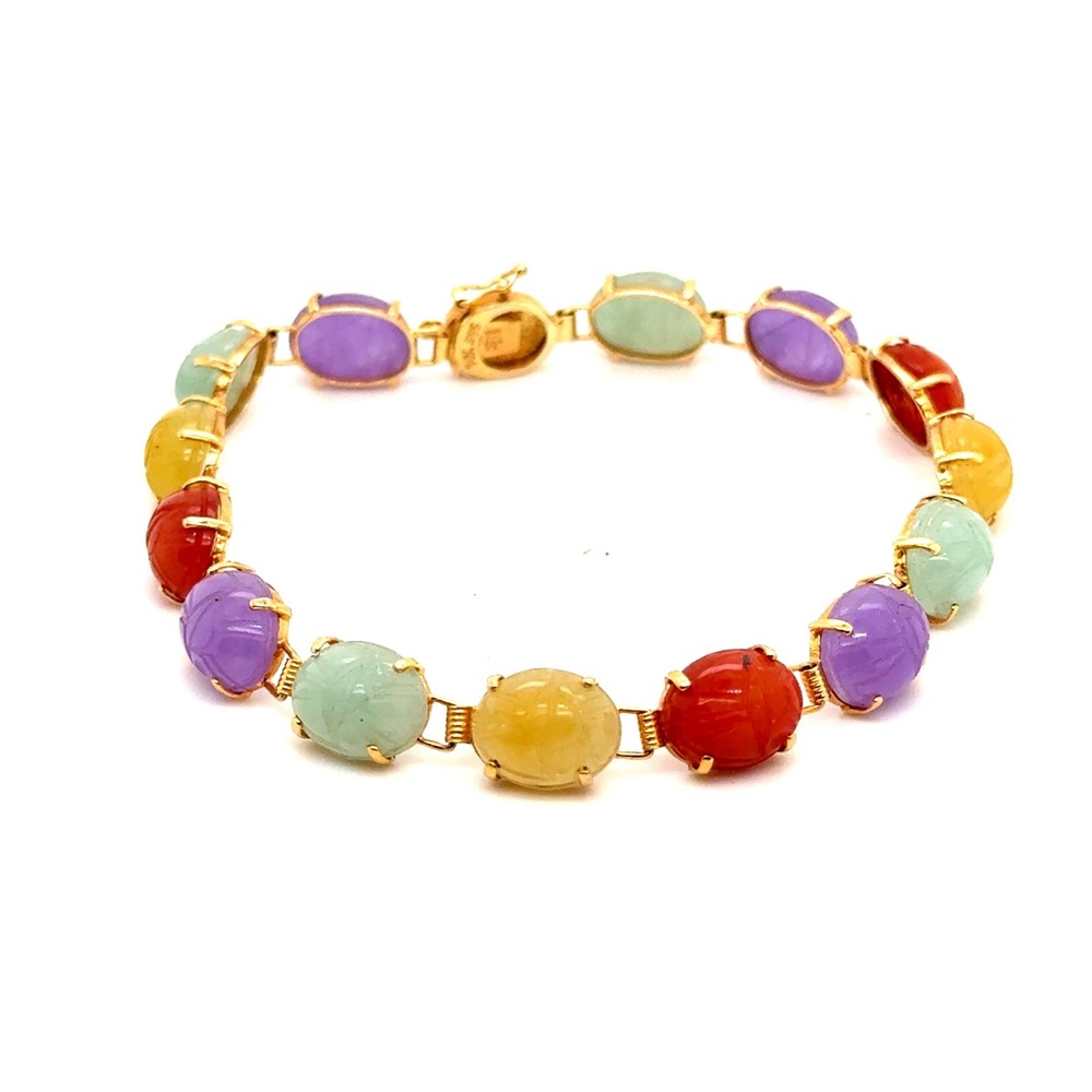 Vintage 14k Yellow Gold Multi Color Gemstone Carved Scarab Link Bracelet 7.5"
